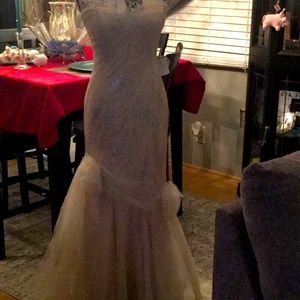 Romantic floor length, pale blush/champagne gown